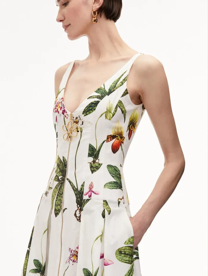 Oscar De La Renta Orchid Zip Front Cotton Poplin Dress White Multi Women Dresses