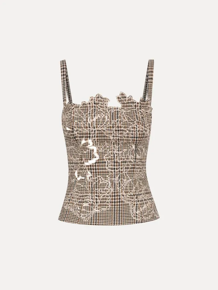 Oscar De La Renta Peony Guipure Appliqu Plaid Tank Cocoa Multi Women Blouses and Knits