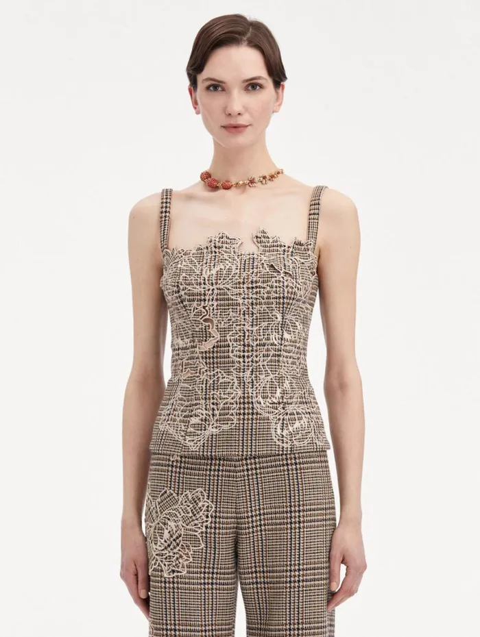 Oscar De La Renta Peony Guipure Appliqu Plaid Tank Cocoa Multi Women Blouses and Knits