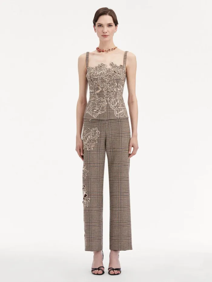Oscar De La Renta Peony Guipure Appliqu Plaid Tank Cocoa Multi Women Blouses and Knits