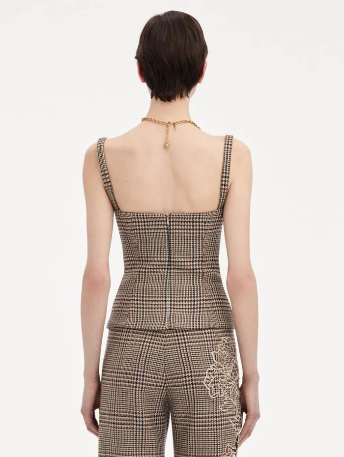Oscar De La Renta Peony Guipure Appliqu Plaid Tank Cocoa Multi Women Blouses and Knits
