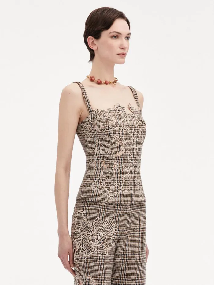 Oscar De La Renta Peony Guipure Appliqu Plaid Tank Cocoa Multi Women Blouses and Knits