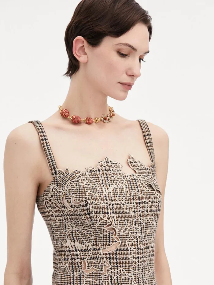 Oscar De La Renta Peony Guipure Appliqu Plaid Tank Cocoa Multi Women Blouses and Knits