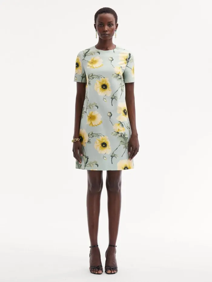 Oscar De La Renta Poppy Cotton Poplin Shift Dress Sage Yellow Women Dresses