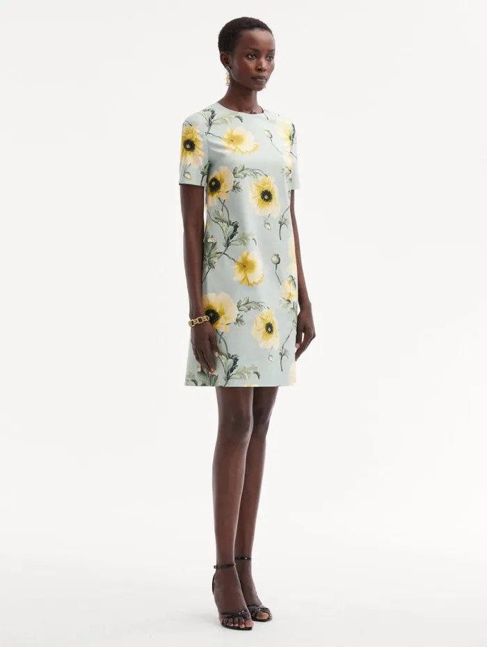 Oscar De La Renta Poppy Cotton Poplin Shift Dress Sage Yellow Women Dresses