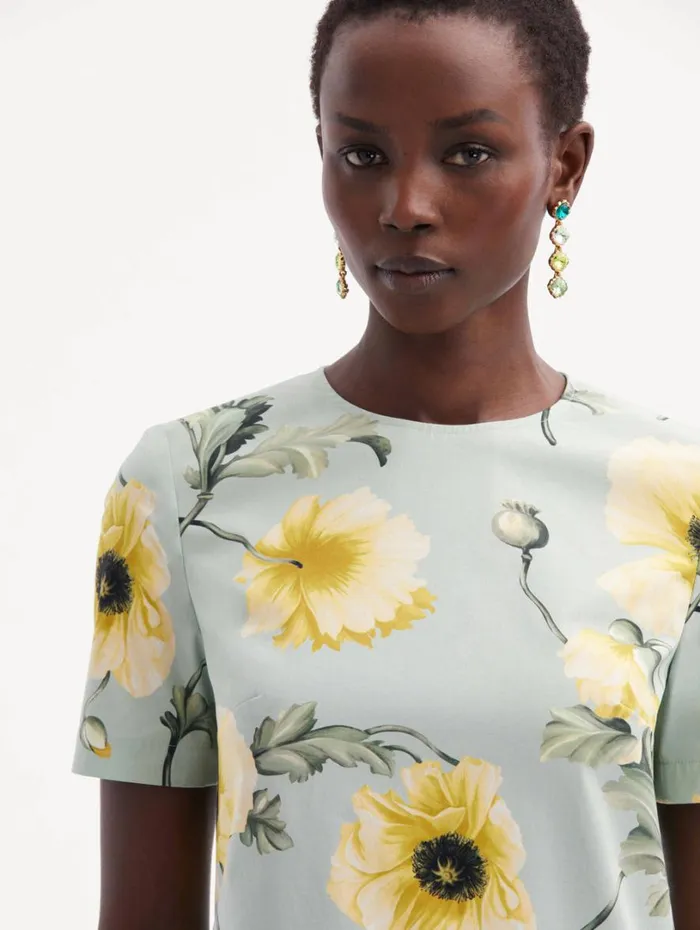 Oscar De La Renta Poppy Cotton Poplin Shift Dress Sage Yellow Women Dresses