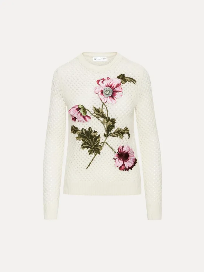Oscar De La Renta Poppy Embroidered Crochet Pullover Ivory Women Blouses and Knits