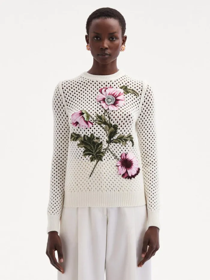Oscar De La Renta Poppy Embroidered Crochet Pullover Ivory Women Blouses and Knits Oscar De La Renta Poppy Embroidered Crochet Pullover Ivory Women Blouses and Knits