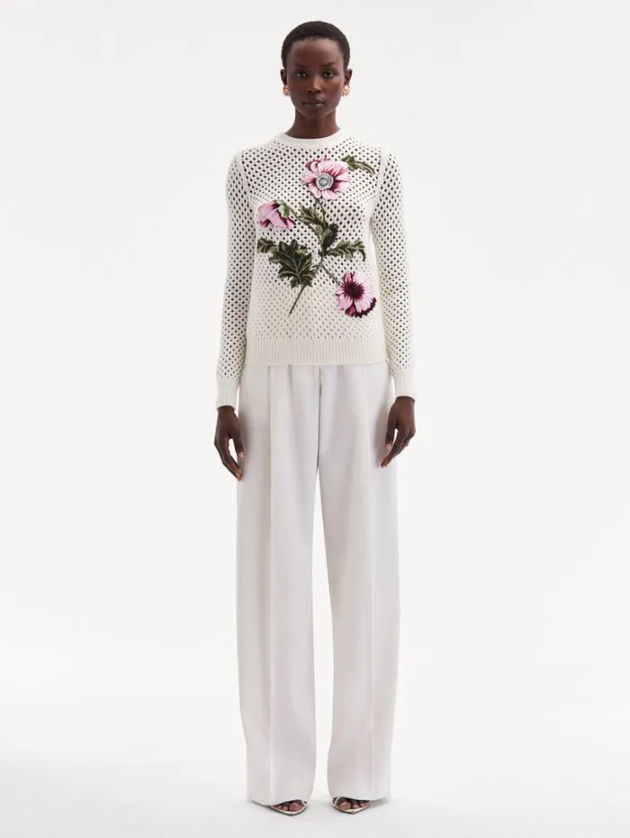 Oscar De La Renta Poppy Embroidered Crochet Pullover Ivory Women Blouses and Knits Oscar De La Renta Poppy Embroidered Crochet Pullover Ivory Women Blouses and Knits