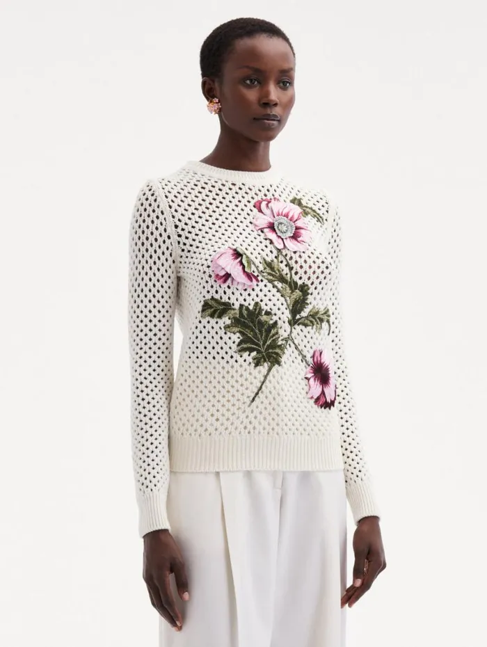 Oscar De La Renta Poppy Embroidered Crochet Pullover Ivory Women Blouses and Knits Oscar De La Renta Poppy Embroidered Crochet Pullover Ivory Women Blouses and Knits