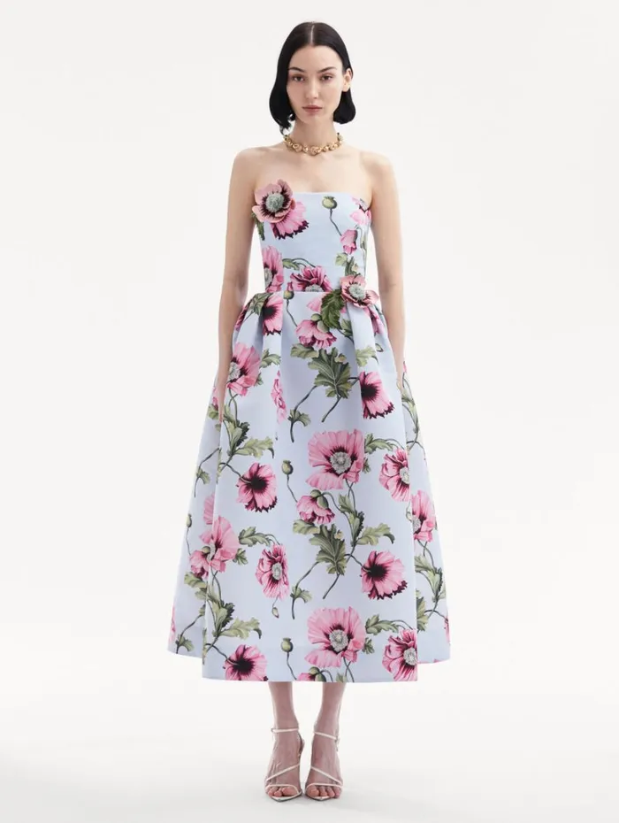 Oscar De La Renta Poppy Embroidered Strapless Dress Light Blue Pink Women Dresses Oscar De La Renta Poppy Embroidered Strapless Dress Light Blue Pink Women Dresses