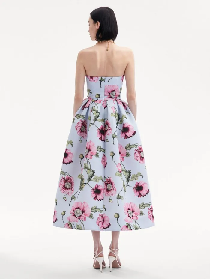 Oscar De La Renta Poppy Embroidered Strapless Dress Light Blue Pink Women Dresses Oscar De La Renta Poppy Embroidered Strapless Dress Light Blue Pink Women Dresses