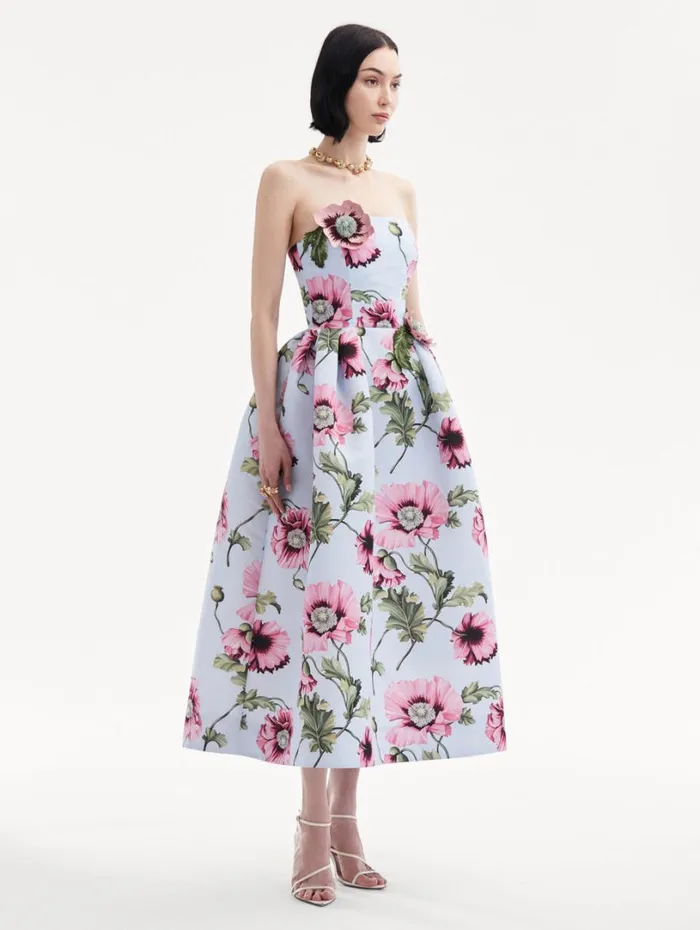 Oscar De La Renta Poppy Embroidered Strapless Dress Light Blue Pink Women Dresses Oscar De La Renta Poppy Embroidered Strapless Dress Light Blue Pink Women Dresses