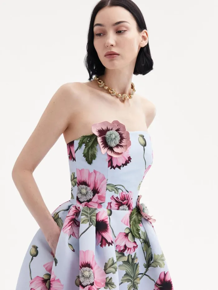 Oscar De La Renta Poppy Embroidered Strapless Dress Light Blue Pink Women Dresses Oscar De La Renta Poppy Embroidered Strapless Dress Light Blue Pink Women Dresses