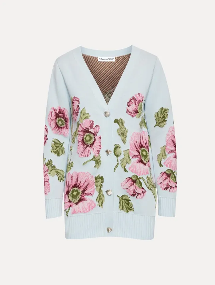 Oscar De La Renta Poppy Jacquard Cardigan Light Blue Pink Women Blouses and Knits