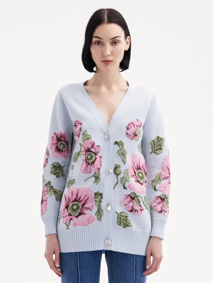 Oscar De La Renta Poppy Jacquard Cardigan Light Blue Pink Women Blouses and Knits Oscar De La Renta Poppy Jacquard Cardigan Light Blue Pink Women Blouses and Knits