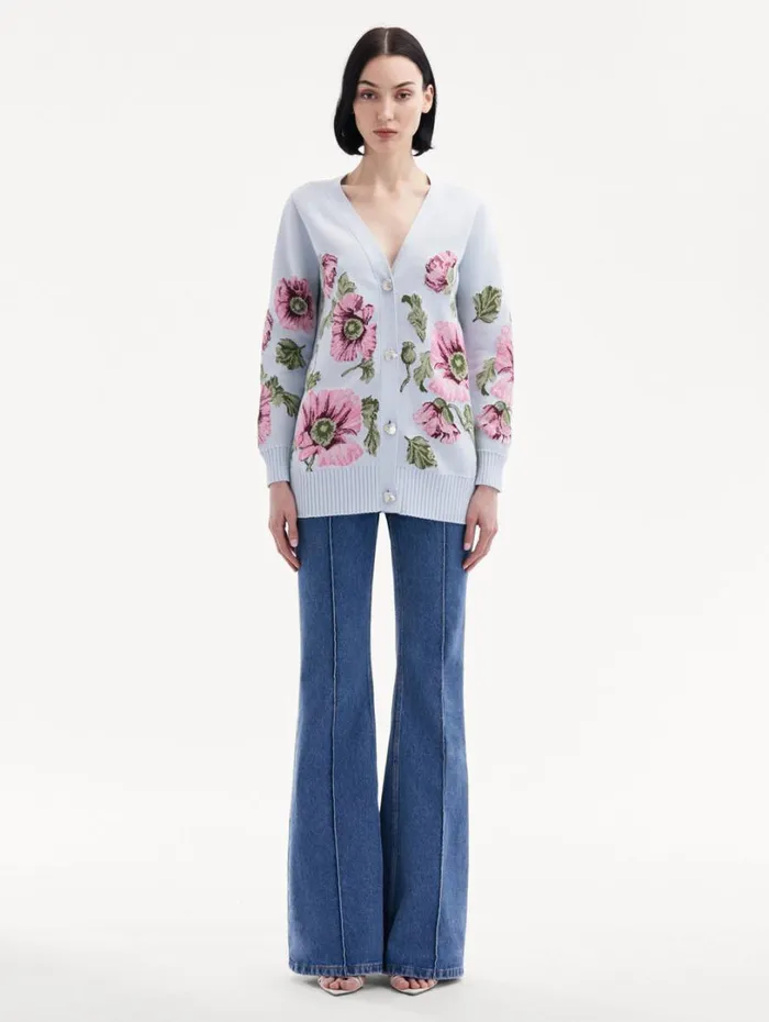 Oscar De La Renta Poppy Jacquard Cardigan Light Blue Pink Women Blouses and Knits Oscar De La Renta Poppy Jacquard Cardigan Light Blue Pink Women Blouses and Knits