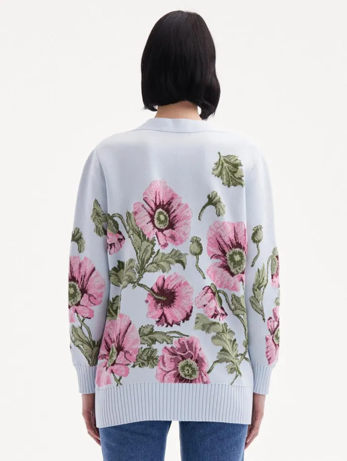 Oscar De La Renta Poppy Jacquard Cardigan Light Blue Pink Women Blouses and Knits Oscar De La Renta Poppy Jacquard Cardigan Light Blue Pink Women Blouses and Knits