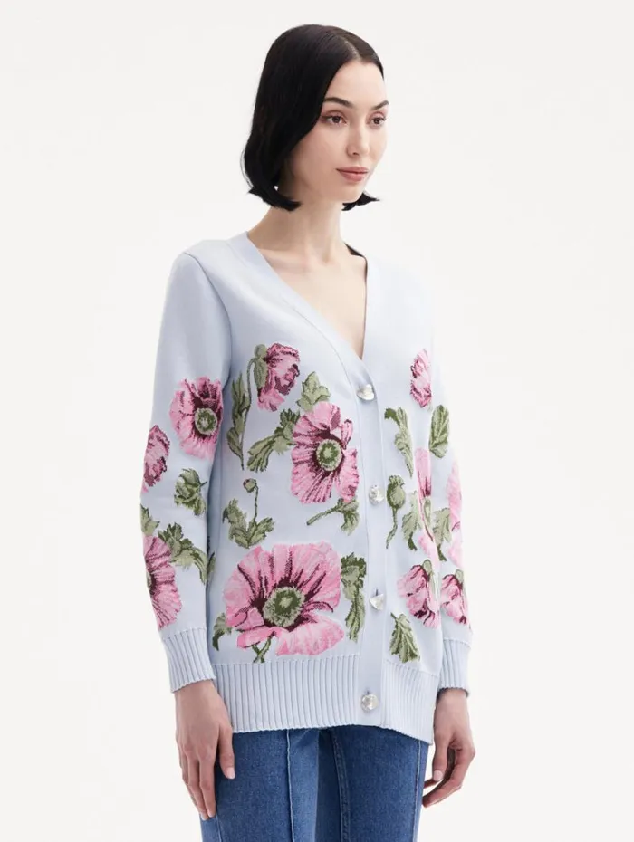 Oscar De La Renta Poppy Jacquard Cardigan Light Blue Pink Women Blouses and Knits Oscar De La Renta Poppy Jacquard Cardigan Light Blue Pink Women Blouses and Knits