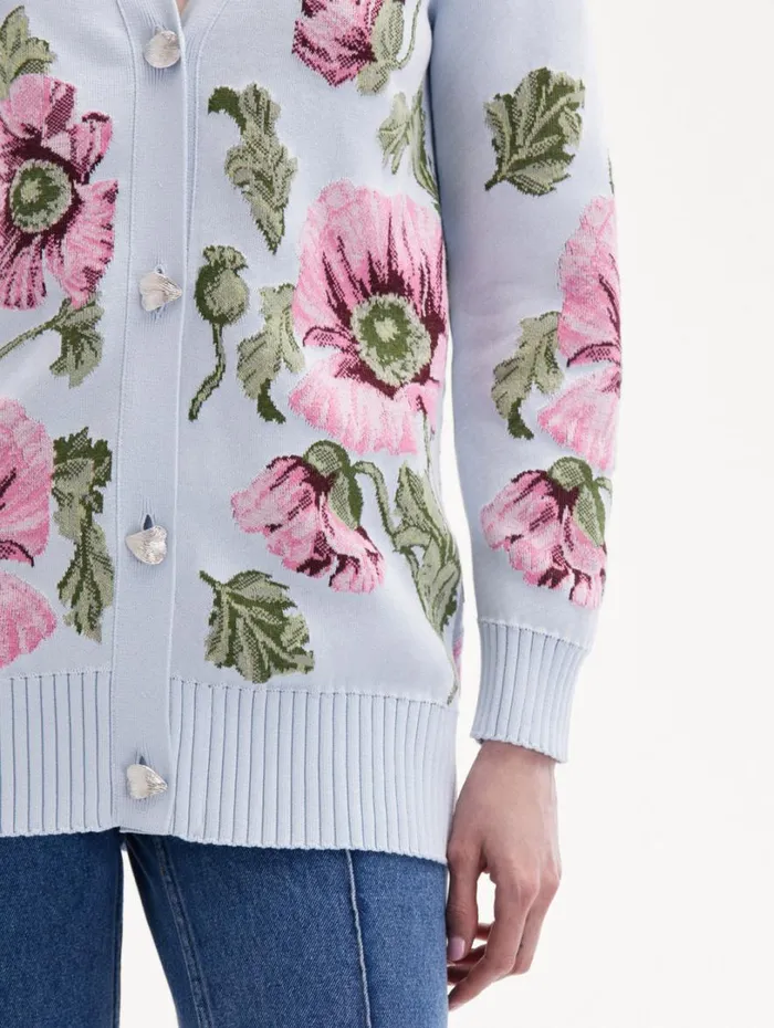 Oscar De La Renta Poppy Jacquard Cardigan Light Blue Pink Women Blouses and Knits Oscar De La Renta Poppy Jacquard Cardigan Light Blue Pink Women Blouses and Knits