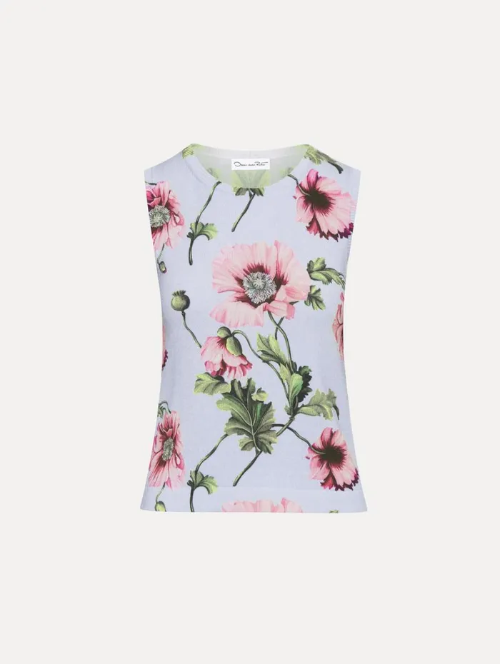 Oscar De La Renta Poppy Printed Inset Tank Light Blue Pink Women Blouses and Knits