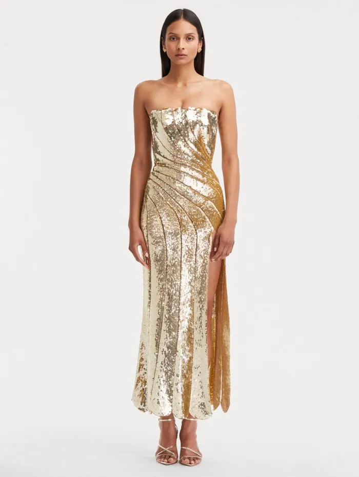 Oscar De La Renta Sequin Wave and Scallop Detail Dress Gold Women Gowns and Caftans Oscar De La Renta Sequin Wave and Scallop Detail Dress Gold Women Gowns and Caftans