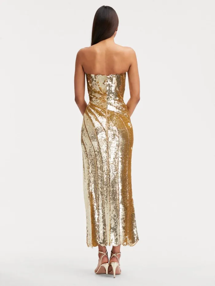 Oscar De La Renta Sequin Wave and Scallop Detail Dress Gold Women Gowns and Caftans Oscar De La Renta Sequin Wave and Scallop Detail Dress Gold Women Gowns and Caftans