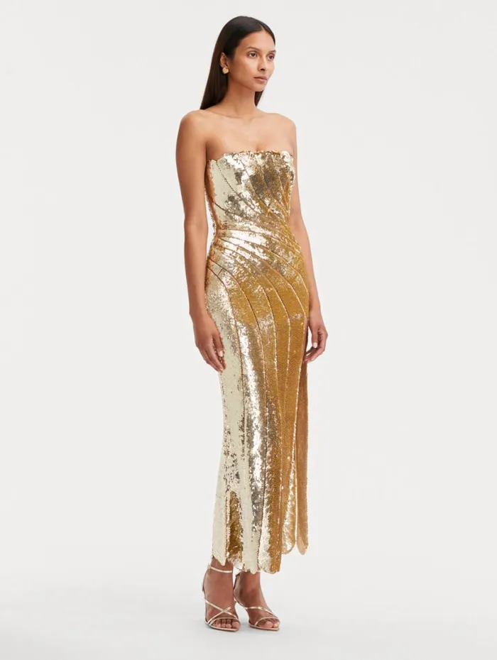 Oscar De La Renta Sequin Wave and Scallop Detail Dress Gold Women Gowns and Caftans Oscar De La Renta Sequin Wave and Scallop Detail Dress Gold Women Gowns and Caftans