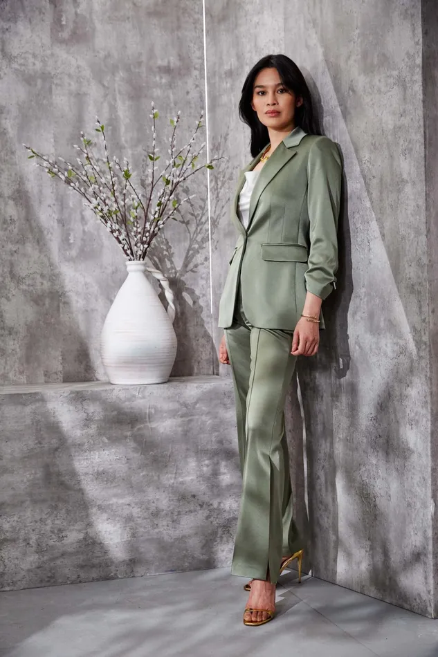 Outlet 8211 Women Bottoms Elie Tahari Satin Side Slit Pant Tuscan Olive