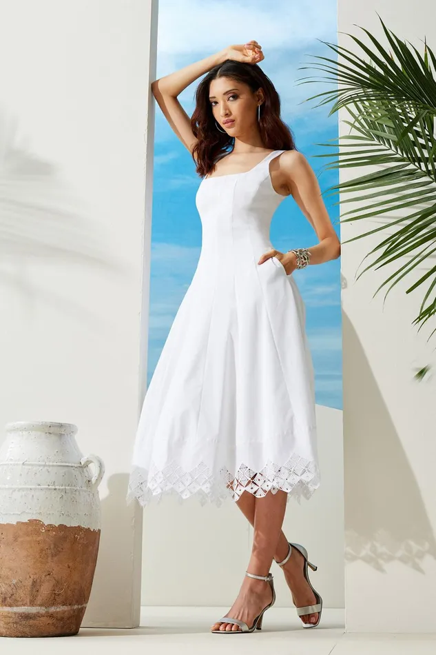 Outlet 8211 Women Dresses and Jumpsuits Elie Tahari Cotton Poplin Square Neck Dress White