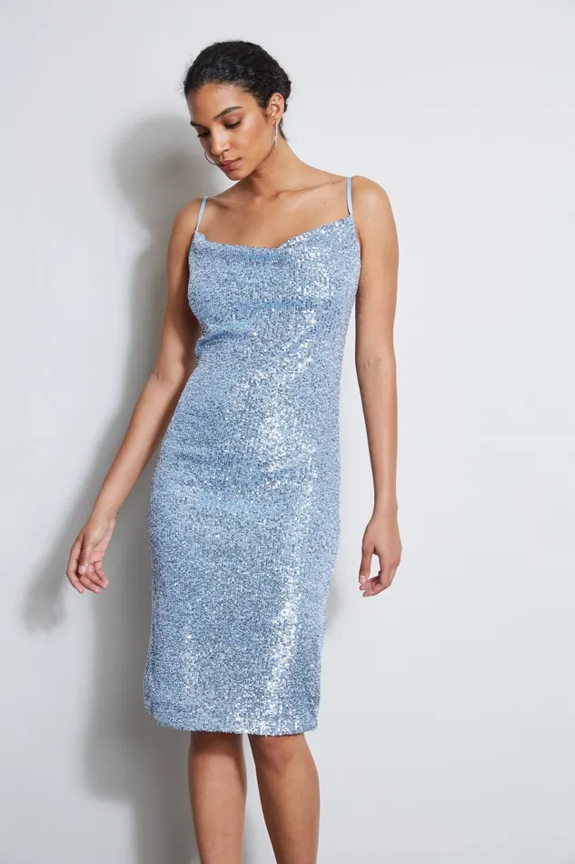 Outlet 8211 Women Dresses and Jumpsuits Elie Tahari Cowl Neck Sequin Dress Crystal Blue