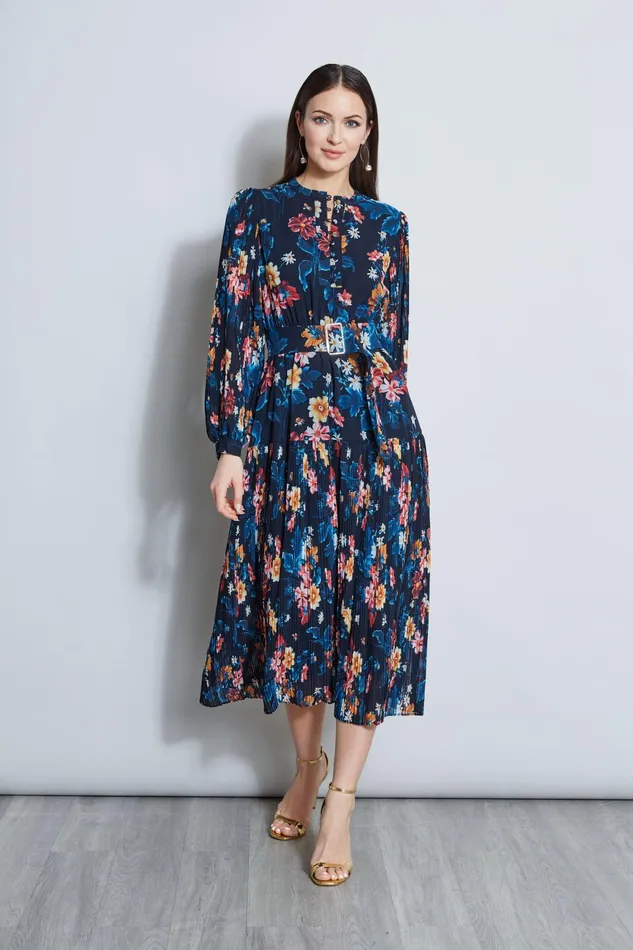 Outlet 8211 Women Dresses and Jumpsuits Elie Tahari Floral Belted Pleated Midi Dress Paradise Print