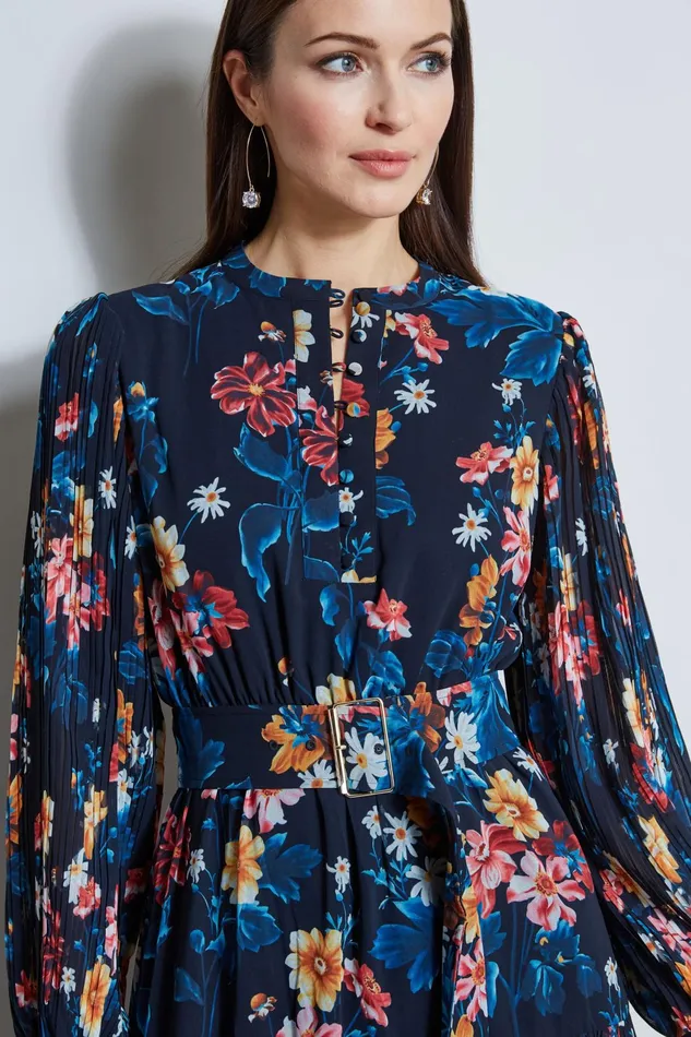 Outlet 8211 Women Dresses and Jumpsuits Elie Tahari Floral Belted Pleated Midi Dress Paradise Print