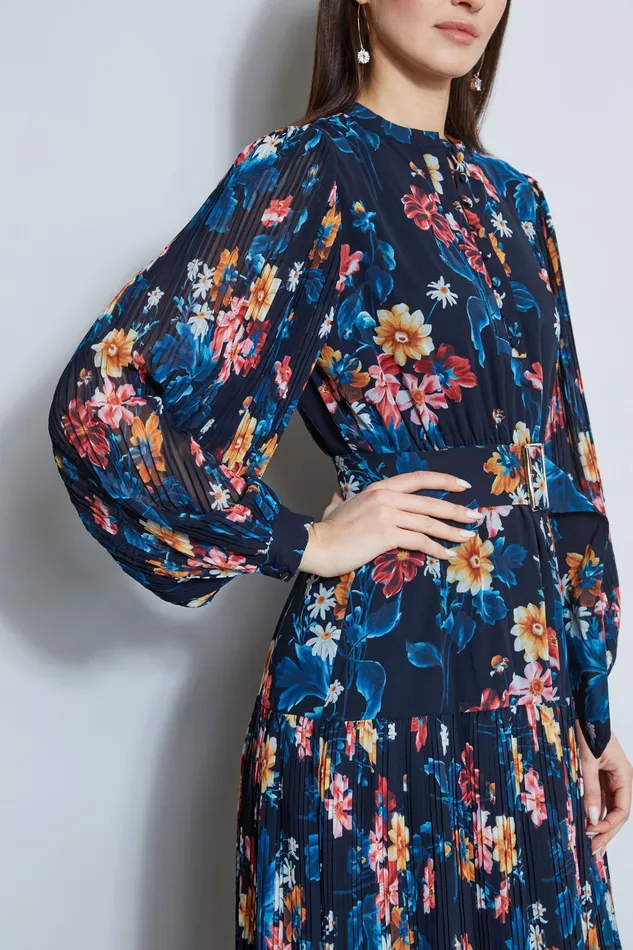 Outlet 8211 Women Dresses and Jumpsuits Elie Tahari Floral Belted Pleated Midi Dress Paradise Print