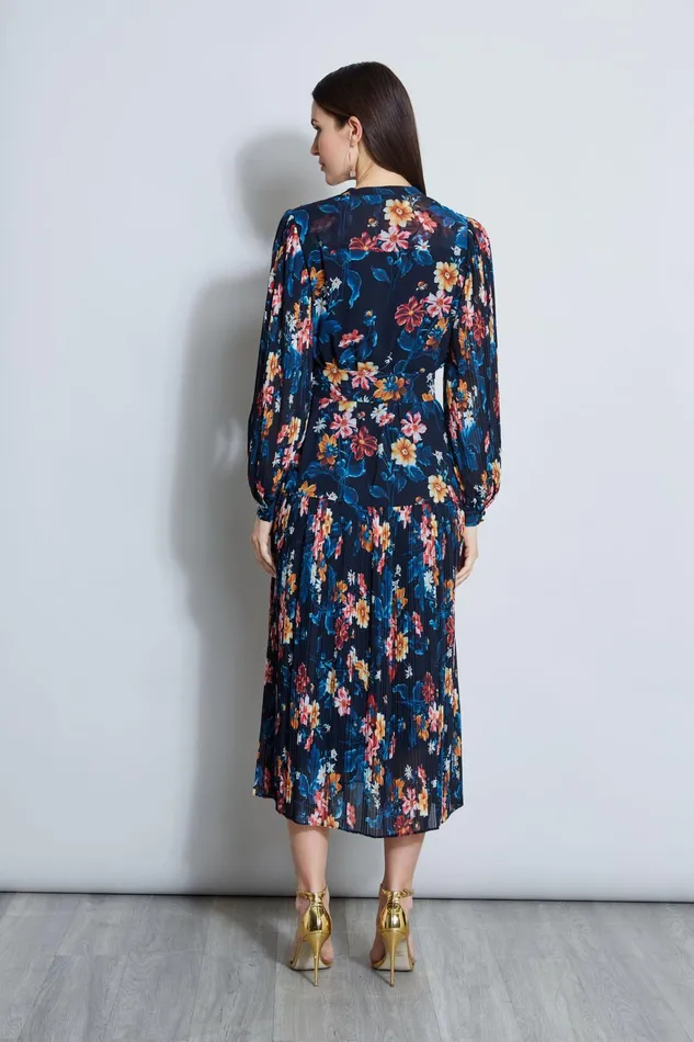 Outlet 8211 Women Dresses and Jumpsuits Elie Tahari Floral Belted Pleated Midi Dress Paradise Print