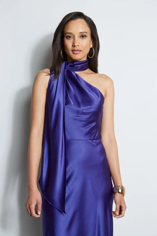Outlet 8211 Women Dresses and Jumpsuits Elie Tahari One Shoulder Satin Scarf Dress Plum