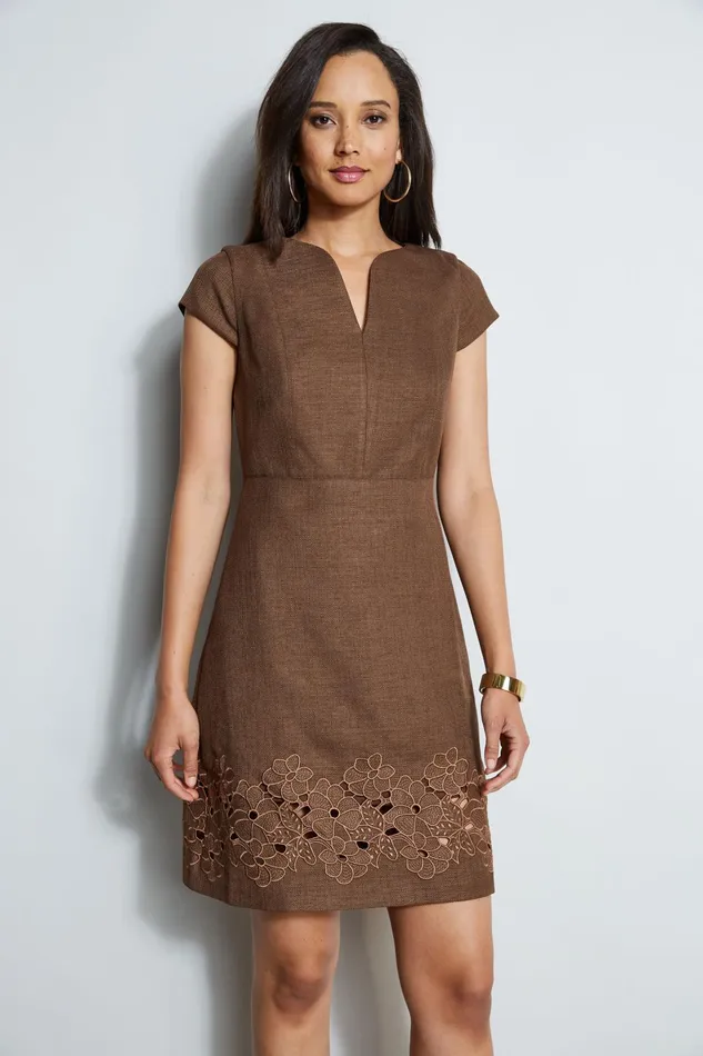 Outlet 8211 Women Dresses and Jumpsuits Elie Tahari Short Sleeve Embroidered Hem Dress Sumatra