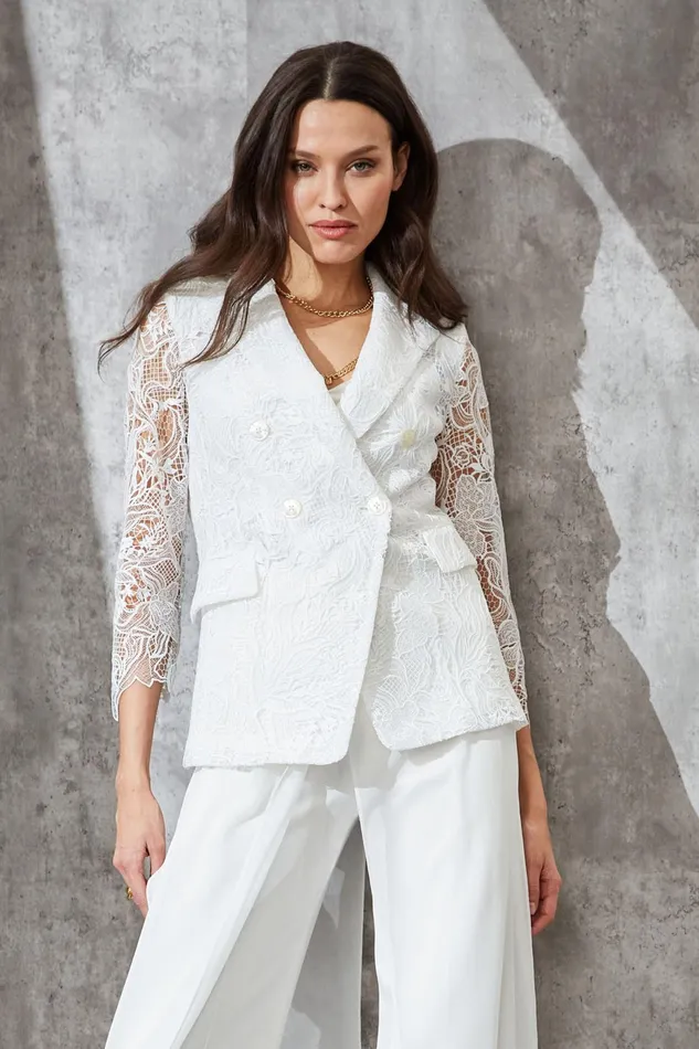 Outlet 8211 Women Jackets and Blazers Elie Tahari Double Breasted Lace Blazer Foam