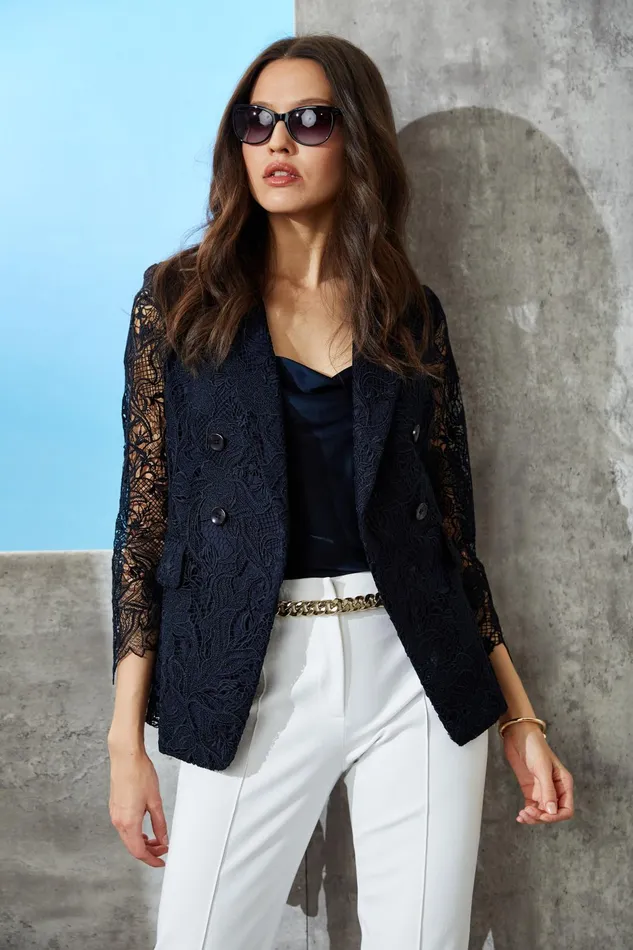 Outlet 8211 Women Jackets and Blazers Elie Tahari Double Breasted Lace Blazer Stargazer