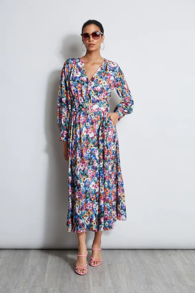 Outlet 8211 Women Long Sleeve Dresses Elie Tahari Long Sleeve Floral Belted Dress Camellia Floral