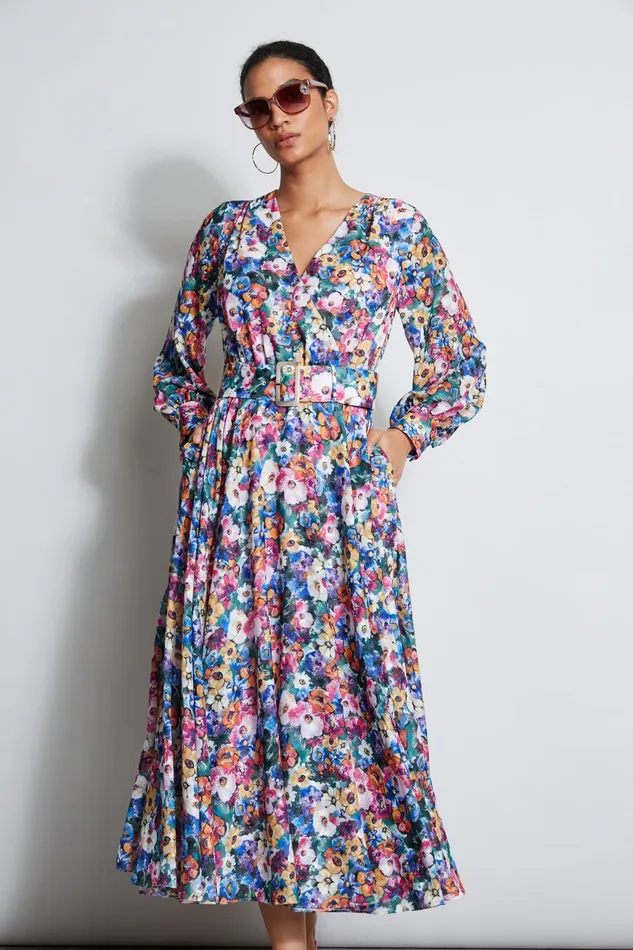 Outlet 8211 Women Long Sleeve Dresses Elie Tahari Long Sleeve Floral Belted Dress Camellia Floral