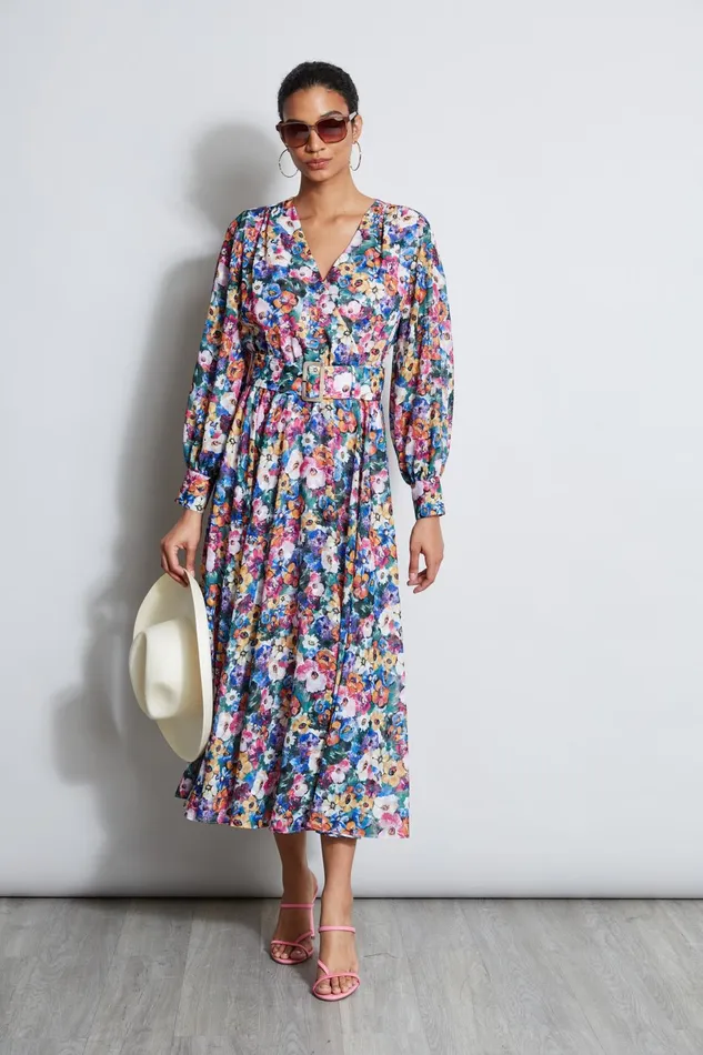 Outlet 8211 Women Long Sleeve Dresses Elie Tahari Long Sleeve Floral Belted Dress Camellia Floral