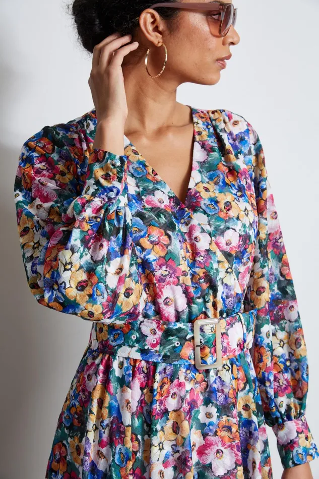 Outlet 8211 Women Long Sleeve Dresses Elie Tahari Long Sleeve Floral Belted Dress Camellia Floral