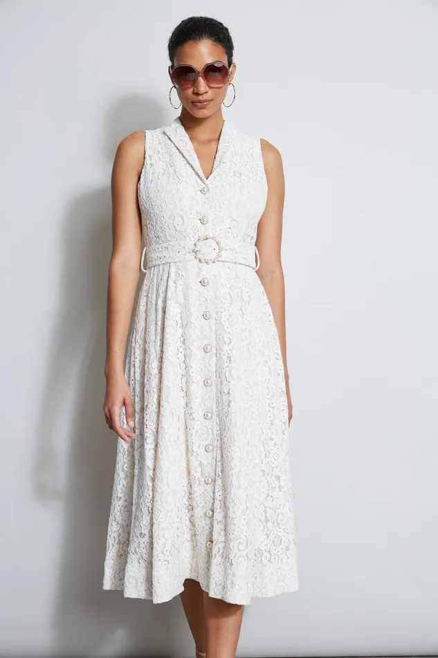Outlet 8211 Women Midi Dresses Elie Tahari Pearl Detail Lace Dress Ivory Lace