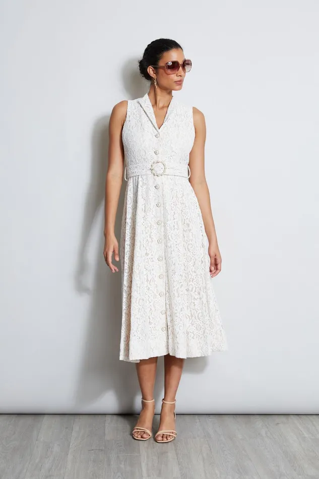 Outlet 8211 Women Midi Dresses Elie Tahari Pearl Detail Lace Dress Ivory Lace