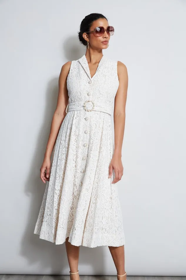 Outlet 8211 Women Midi Dresses Elie Tahari Pearl Detail Lace Dress Ivory Lace