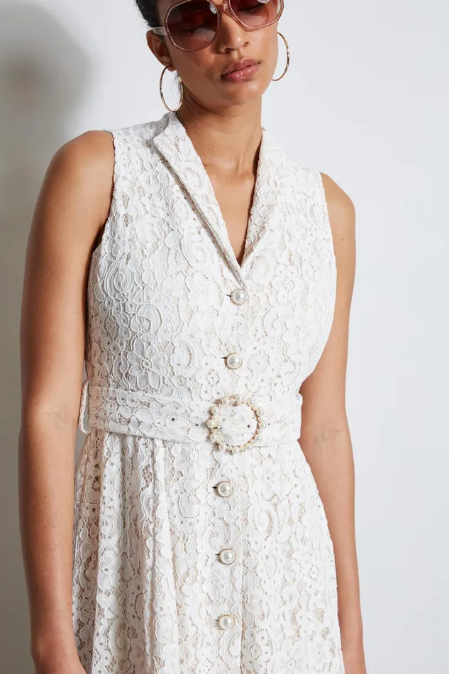 Outlet 8211 Women Midi Dresses Elie Tahari Pearl Detail Lace Dress Ivory Lace