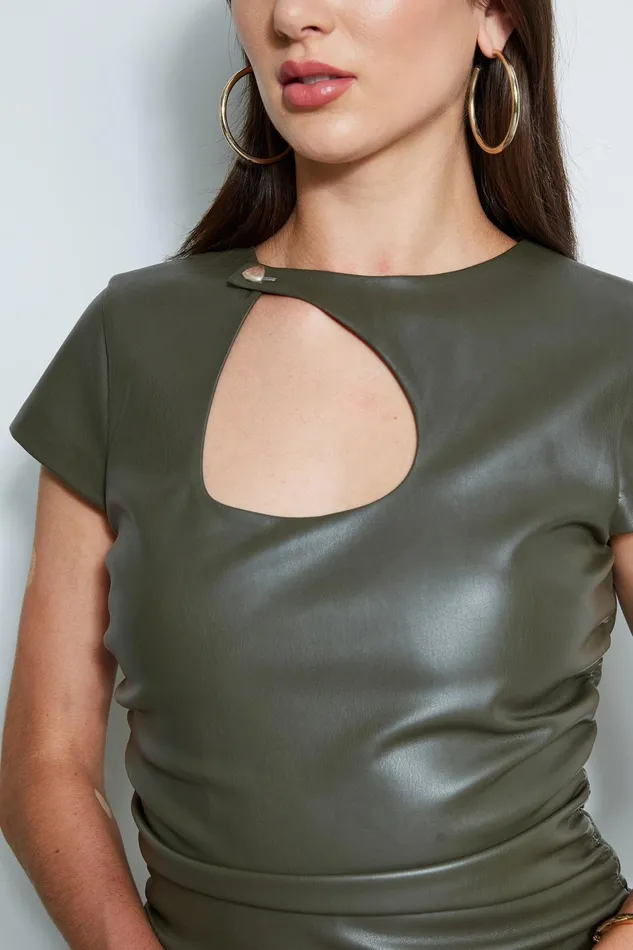 Outlet 8211 Women Short Sleeve Dresses Elie Tahari Vegan Leather Keyhole Dress Olive