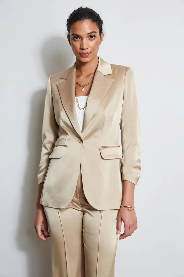 Outlet 8211 Women Suiting Elie Tahari Satin Ruched Sleeve Blazer Sandcastle