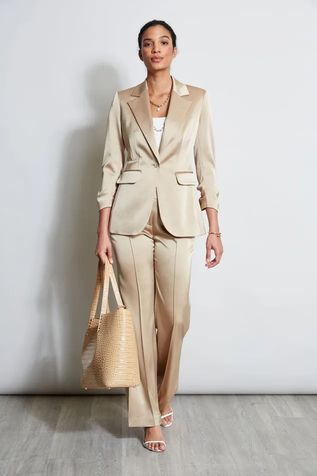 Outlet 8211 Women Suiting Elie Tahari Satin Ruched Sleeve Blazer Sandcastle